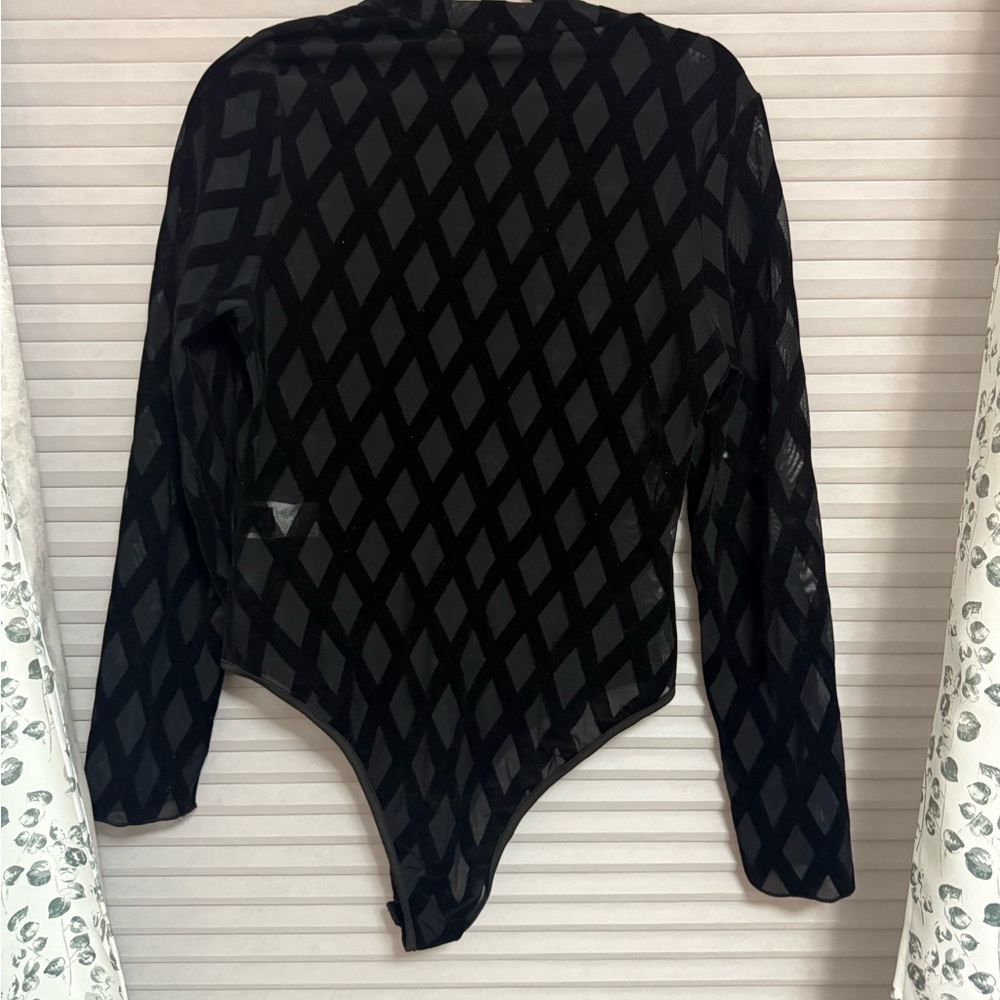 🖤 Velvet Mesh Diamond Bodysuit — Chic Statement Piece